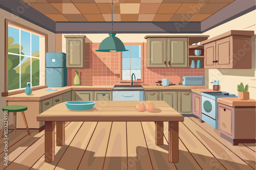 A cozy country kitchen with wooden beams, pink walls, a large table, and kitchen essentials. Natural light streams in, revealing a garden view.