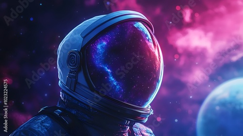 Close-up of an astronaut helmet set against a starry night sky with cosmic elements like nebulae and planets, capturing a dreamy atmosphere through high-contrast lighting and ultra-detail.