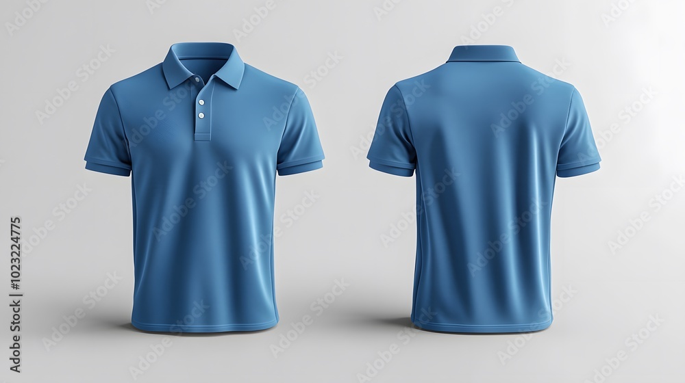 Blue polo shirt shown from front and back, showcasing its classic short-sleeve design and collar, set against a plain white background for realistic product photography and highlighting fabric texture Blue polo shirt shown from front and back, showcasing its classic short-sleeve design and collar, set against a plain white background for realistic product photography and highlighting fabric texture