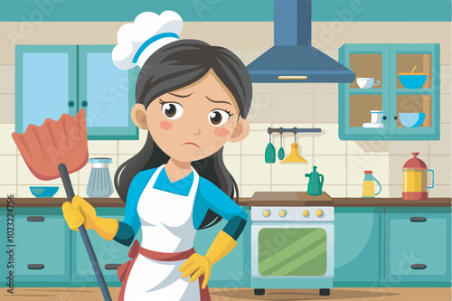 A sad/tired woman in a kitchen with oven, sink, dish rack, items on counter wears yellow gloves and white apron.