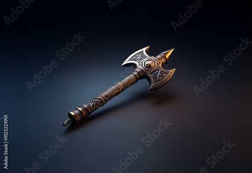 Ornate double-headed axe on a dark background. photo