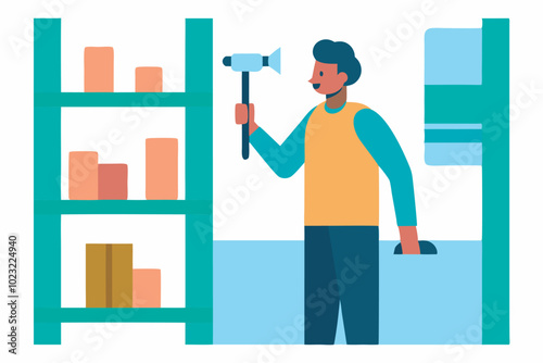 Cartoon worker with hammer in storage setting. Boxes on shelves, bookshelf, worker ready to smash a box. Conveys work and organization in industrial setting.