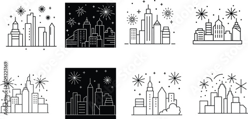 Stunning skyline of a bustling city at night with vibrant fireworks illuminating the sky
