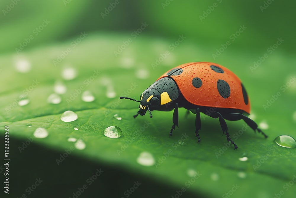 Fototapeta premium Close-up of a colorful ladybug on a dewy green leaf, showcasing nature's beauty and intricate details of its vibrant shell.