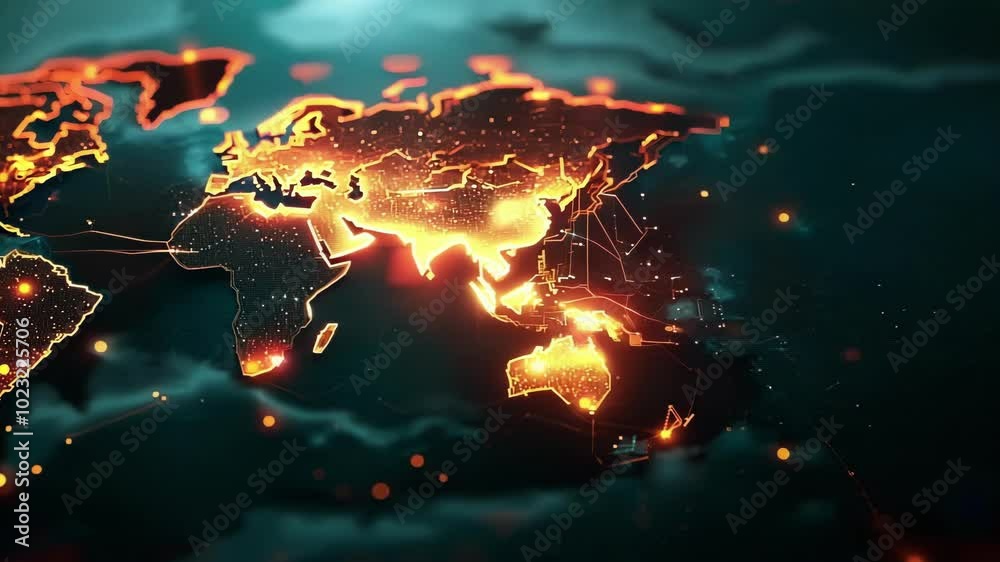 Abstract world map is illuminating with glowing lines connecting continents, symbolizing global finance, technology, and communication