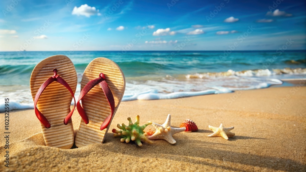 A pair of red flip flops on a sandy beach with seashells and the ocean in the background A pair of red flip flops on a sandy beach with seashells and the ocean in the background