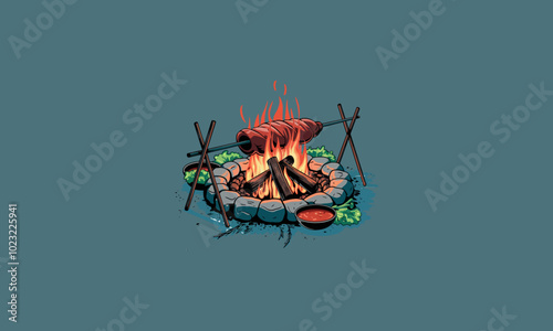 Campfire roasting meat on a spit with vegetables around.