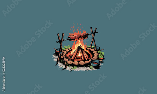 Campfire roasting meat on a spit with vegetables around.