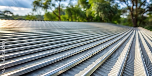 A close up view of a corrugated metal roof with a soft focus background of trees and a cloudy sky