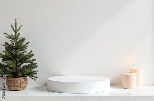 Wooden stand for Christmas product presentation with minimalistic christmas decorations.  Realistic product podium for Christmas winter and christmas discount design, sale
