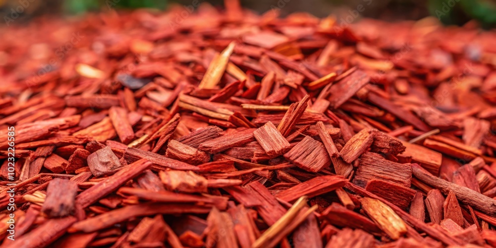 Fototapeta premium A close-up of a heap of finely chopped wood mulch in vibrant crimson red hues, ideal for landscaping and gardening.
