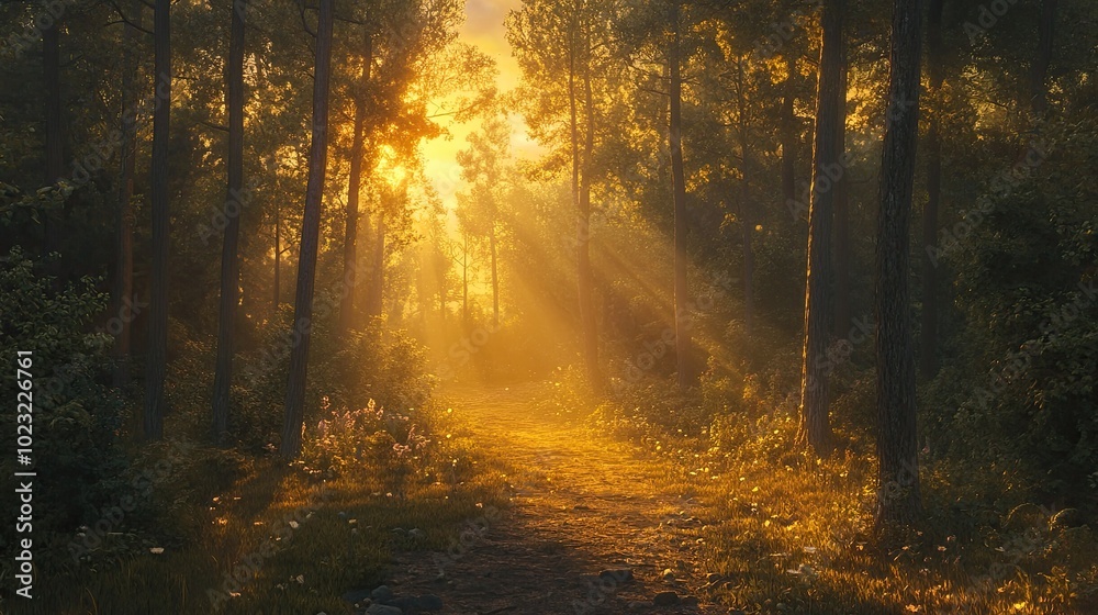 Obraz premium A peaceful forest scene with the setting sun casting golden rays through the trees, illuminating a path through the woods.