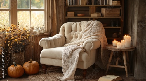 A cozy reading nook with candles, pumpkins, and books in the style of an autumn farmhouse. autumn interior. ai generated