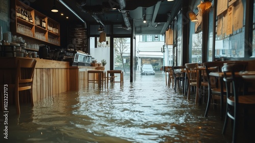 Flooded restaurant after hurricane showing severe water damage