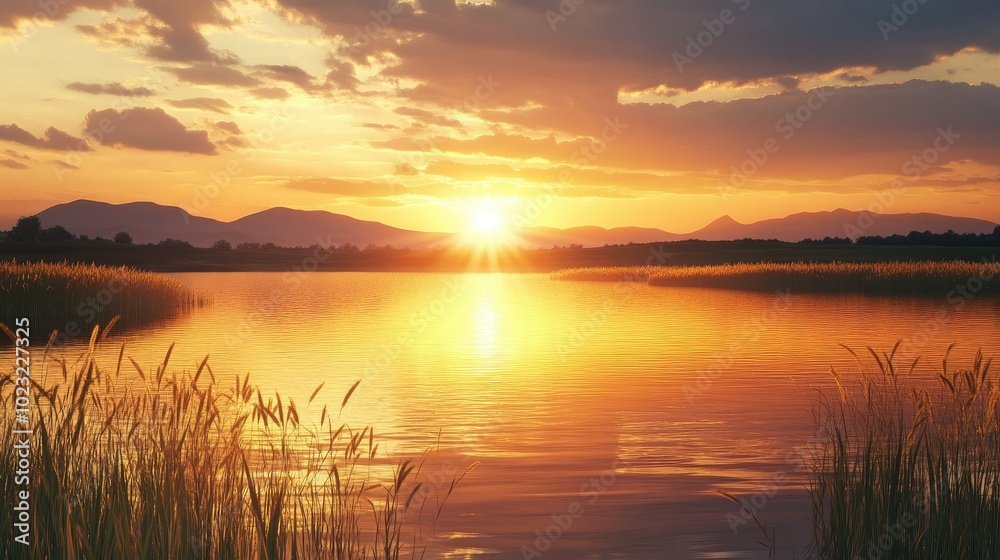 A peaceful sunset over a small lake, with golden light shimmering on the water and distant mountains in the background. A peaceful sunset over a small lake, with golden light shimmering on the water and distant mountains in the background.