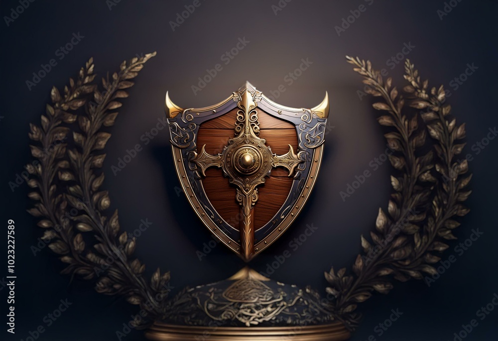Fototapeta premium A golden ornate shield rests on a golden crown, framed by two golden leaf branches.