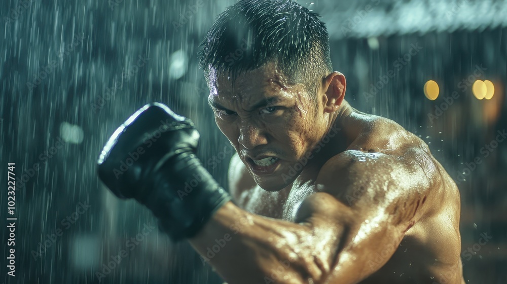 A focused boxer trains intensely in the rain, showcasing determination and strength with glistening skin and a fierce expression. A focused boxer trains intensely in the rain, showcasing determination and strength with glistening skin and a fierce expression.