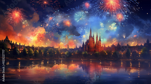 There are colorful fireworks in the night sky above the lake, and the beautiful night view is like a dream