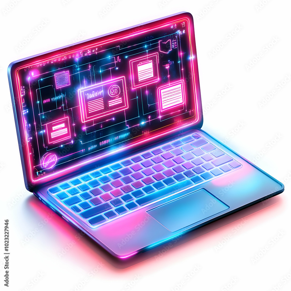 Laptop with Glossy Holographic Home Office and Productivity Icons - Central Photo Concept for Modern Home Office Setup on White Background Laptop with Glossy Holographic Home Office and Productivity Icons - Central Photo Concept for Modern Home Office Setup on White Background