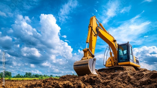 A yellow excavator working on a construction site under a bright blue sky with fluffy clouds in the background.