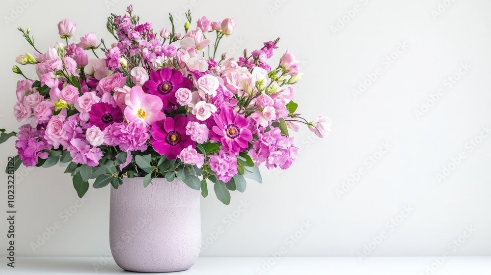 A pink flower arrangement in a modern vase, set against a white background for a chic and elegant design. A pink flower arrangement in a modern vase, set against a white background for a chic and elegant design.