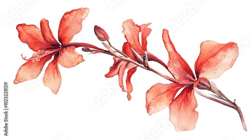 A watercolor illustration of a washed-out Xora coccinea, showcasing the delicate beauty of this flower in soft hues. The absence of a background enhances the focus on the intricate details photo