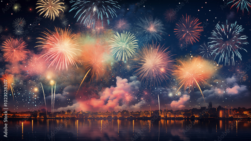 Obraz premium There are colorful fireworks in the night sky above the lake, and the beautiful night view is like a dream
