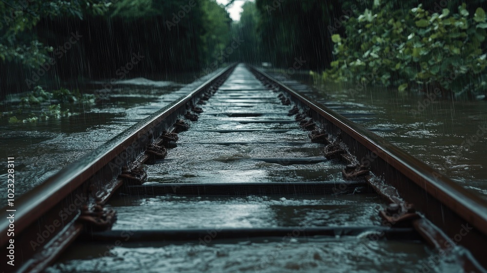 Flooded railroad tracks disappear into the distance during hurricane