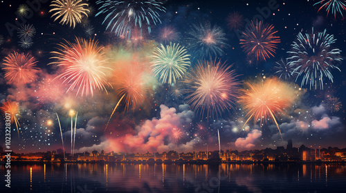 There are colorful fireworks in the night sky above the lake, and the beautiful night view is like a dream