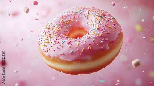 Floating donut adorned with colorful sprinkles against a pastel pink background, featuring sparkles and confetti for a dreamy atmosphere, ideal for food photography with a soft focus effect.