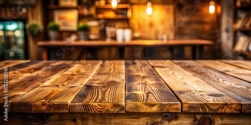 Closeup of a rustic wooden table in a dimly lit cafe with a blurred background