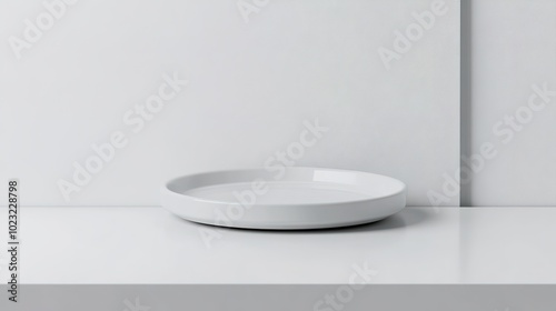 A pristine white empty circle plate placed on a white table, emphasizing simplicity and elegance in minimalistic design. Perfect for showcasing culinary presentations or serving as a blank canvas 