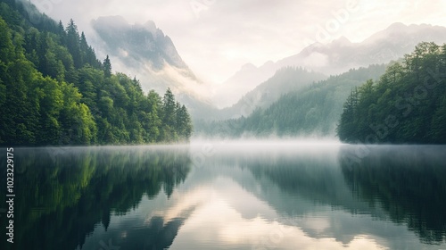 A quiet lake covered in fog, with trees and mountains disappearing into the mist and soft light reflecting on the water.