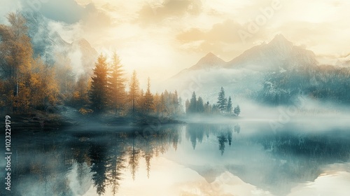 A quiet lake covered in fog, with trees and mountains disappearing into the mist and soft light reflecting on the water.