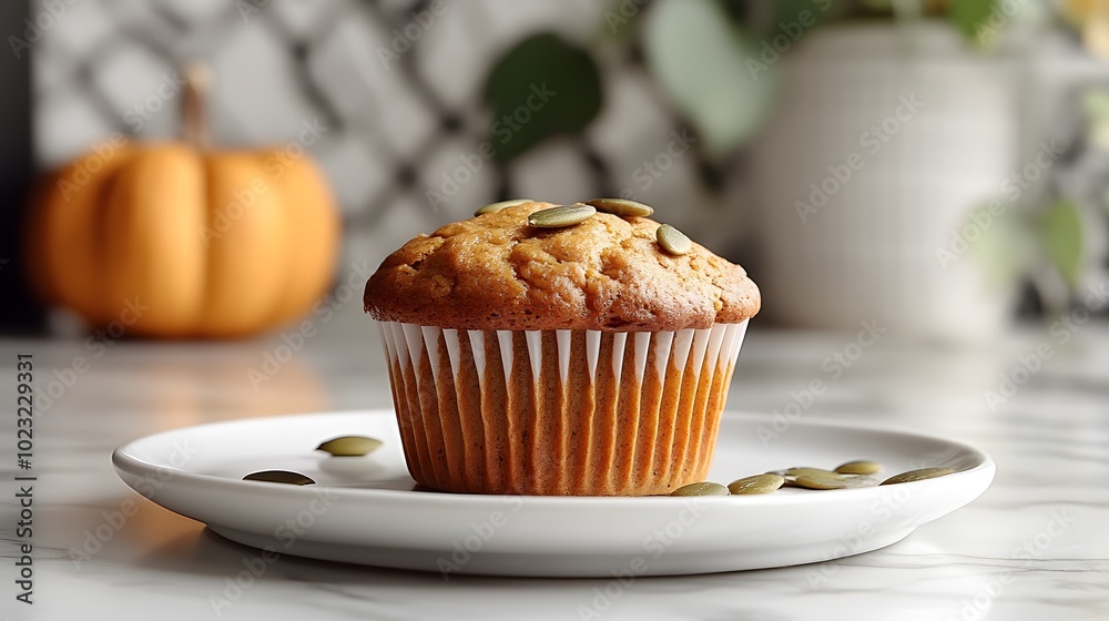 Freshly baked pumpkin muffin placed on a white plate against a marble countertop, scattered pumpkin seeds enhance the rustic food photography with natural lighting for a warm, inviting feel. Freshly baked pumpkin muffin placed on a white plate against a marble countertop, scattered pumpkin seeds enhance the rustic food photography with natural lighting for a warm, inviting feel.