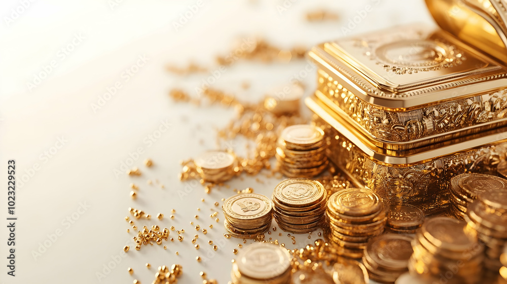 3D Icon Border Frame with Coin Stack and Treasure Chest for Dhanteras - Zoom Camera Movement Showcasing Wealth with Glossy Textures and Ample Copy Space on Isolated White Background 3D Icon Border Frame with Coin Stack and Treasure Chest for Dhanteras - Zoom Camera Movement Showcasing Wealth with Glossy Textures and Ample Copy Space on Isolated White Background