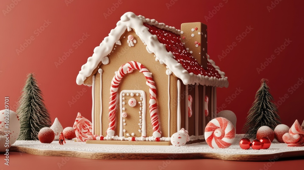 Gingerbread house and candy decorations flat design side view cozy home theme 3D render Gingerbread house and candy decorations flat design side view cozy home theme 3D render