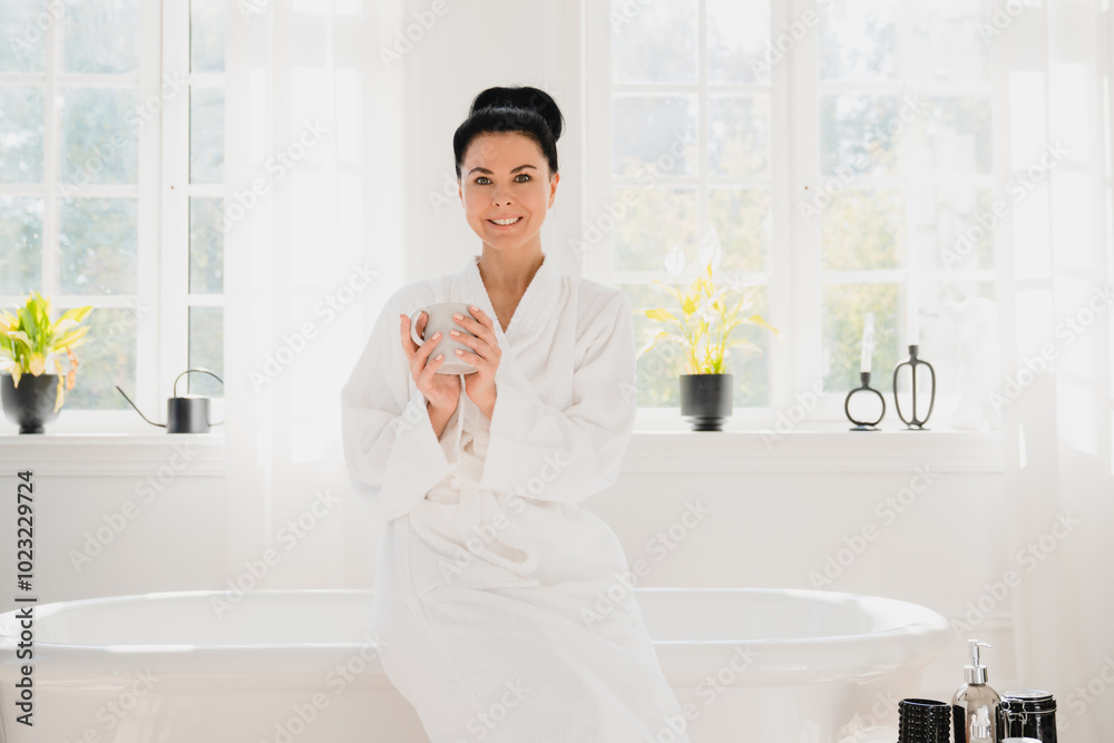Morning breakfast. Beautiful caucasian woman in white spa bathrobe drinking hot beverage coffee tea while relaxing after beauty bath procedures at home hotel resort. Morning breakfast. Beautiful caucasian woman in white spa bathrobe drinking hot beverage coffee tea while relaxing after beauty bath procedures at home hotel resort.