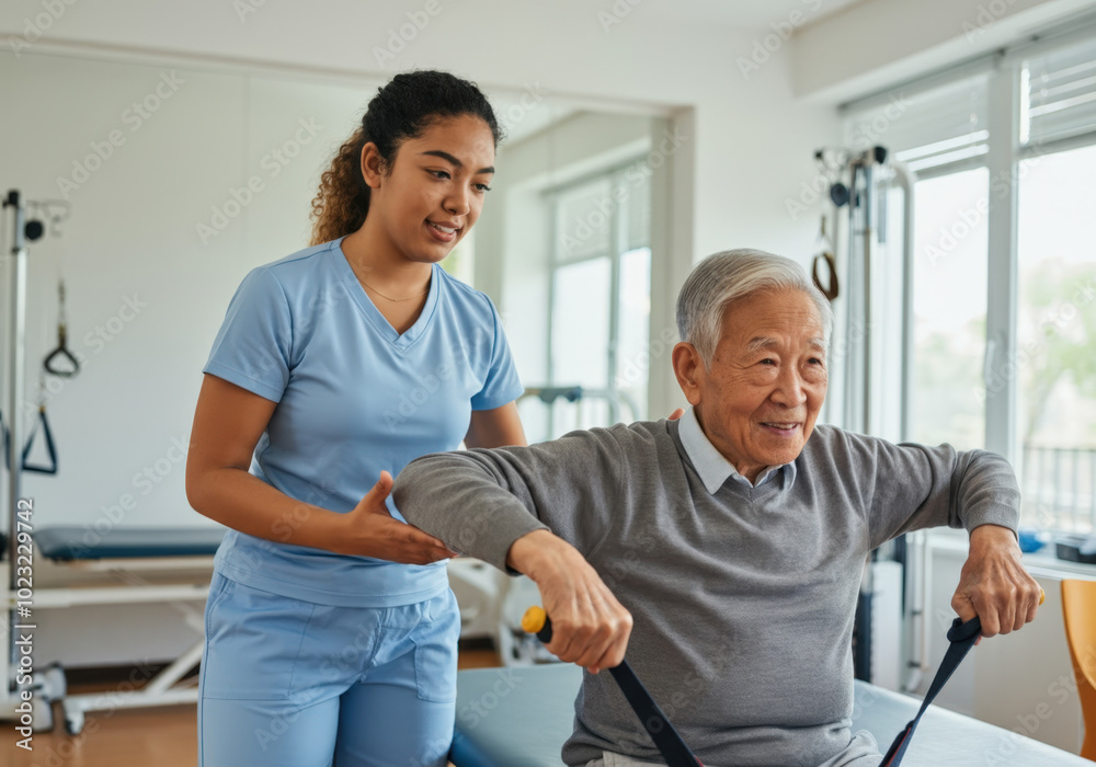 Senior man is exercising with resistance bands while being assisted by a young physiotherapist Senior man is exercising with resistance bands while being assisted by a young physiotherapist