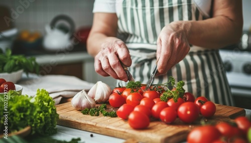 Chic contemporary kitchen featuring a chef skillfully preparing fresh ingredients