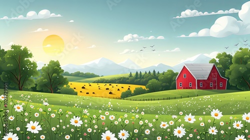 Vibrant Acid dreamlike rural landscape with farms, meadows, fields, trees and forests in the background. Handmade drawing vector illustration. Flat design. Can be used for banners, posters, etc