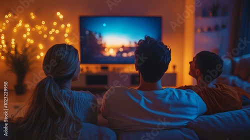 Family gathered in the living room, watching a movie on a large flatscreen TV, their expressions showing excitement and engagement, dimmed lights in the background, cozy atmosphere