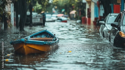 Small wooden boat floating on flooded city street during hurricane