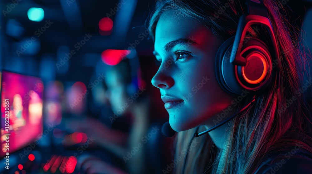 Gamers communicating strategies through headsets Gamers communicating strategies through headsets
