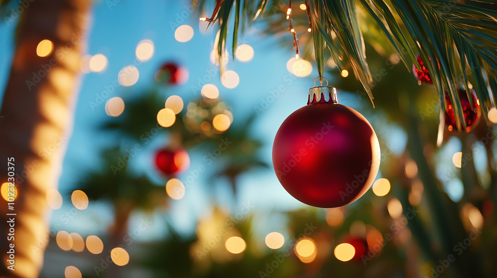 Close-up of Christmas ornaments on a palm tree, celebrating New Year in a warm country, embodying the spirit of vacation and festive cheer under the sun