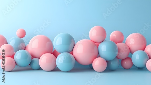 Geometric composition featuring pastel blue and pink backgrounds with floating spheres of various sizes in a minimalist design, showcasing a clean aesthetic through soft shadows and abstract concepts.