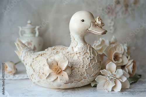 Design a side view fantasy duck sculpted from clay, adorned with intricate lace details and delicate flowers for a whimsical and elegant look photo