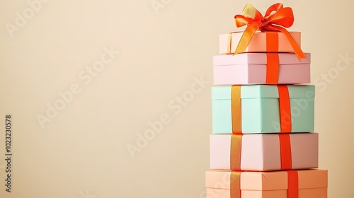 Stacked colorful gift boxes with ribbon on pastel background