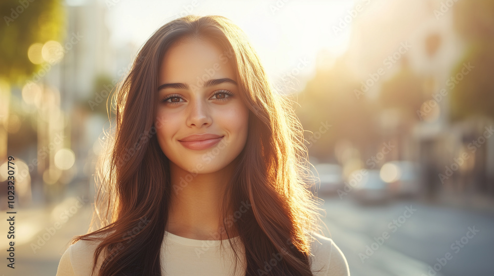 young woman smiles warmly in sunlit urban setting, showcasing her long, flowing hair and natural beauty. soft glow of sunlight enhances cheerful atmosphere. young woman smiles warmly in sunlit urban setting, showcasing her long, flowing hair and natural beauty. soft glow of sunlight enhances cheerful atmosphere.