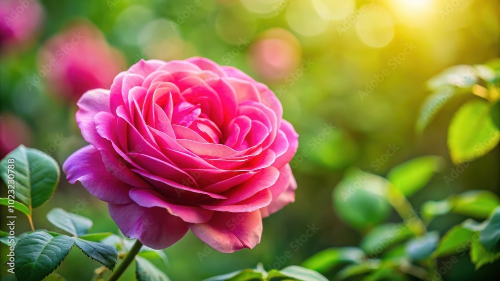 Φωτογραφία A vibrant pink rose blooms amidst a backdrop of lush green foliage, bathed in the soft glow of sunlight